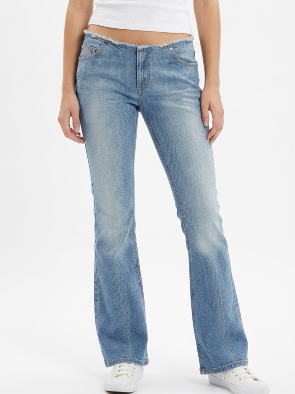 👖DELIA’S • Y2K Low Rise Frayed Waist Flare Jeans Blue Denim Size 9/10